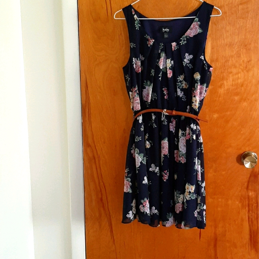 Belted blue floral dress
